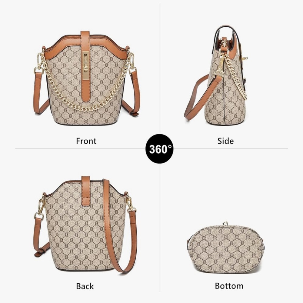 🆕 Designer-Inspired Monogram Bucket Bag in Beige and Tan - Picture 4 of 6